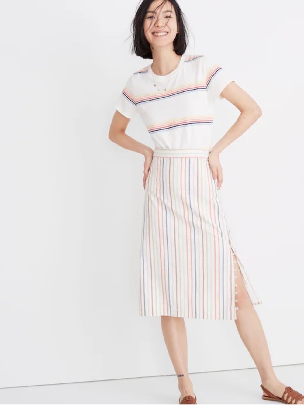 Madewell Button Slit Midi Skirt in Flecked
Rainbow Stripe